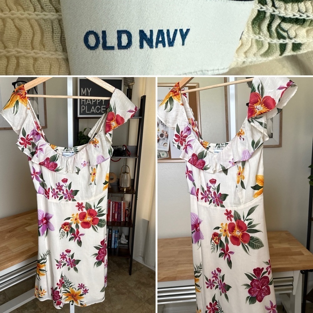 Old Navy Women Floral Print Scoop Neck Flutter Sleeve Smocked A-Line Dress M